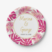 マゼンモダンタピンク、金ゴールド熱葉帯結婚の ペーパープレート (正面)