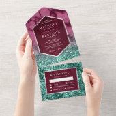 マゼンモダンタマーブルティール（緑がかった色）グリッター結婚ズ オールインワン招待状 (貼ってはがせる)