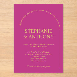 マゼンモダンタミニマルーチ付きマゼンタ結婚ン アクリル招待状