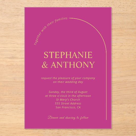 マゼンモダンタミニマルーチ付きマゼンタ結婚ン アクリル招待状 (正面)