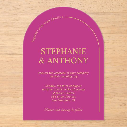 マゼンモダンタミニマルーチ付きマゼンタ結婚ン アクリル招待状 (正面)