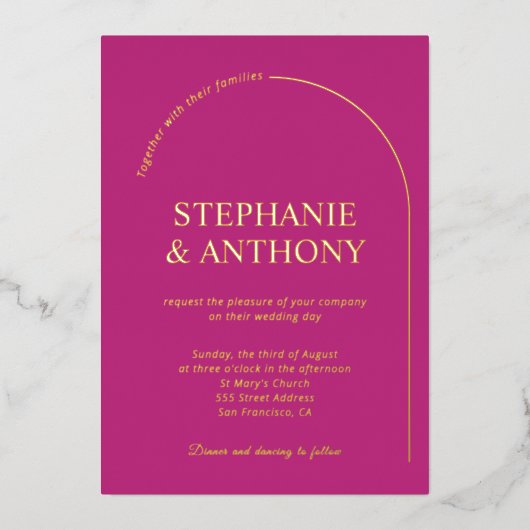 マゼンモダンタミニマルーチ付きマゼンタ結婚ン 箔招待状 (正面)