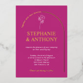 マゼンモダンタミニマルーチ山花結婚の花 箔招待状 (正面)