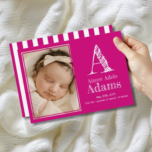 マゼンモダンタモノグラム誕生統計フォト 案内状