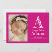 マゼンモダンタモノグラム誕生統計フォト 案内状 (正面)