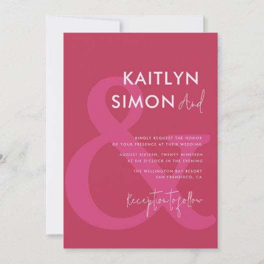 マゼンモダンタ色とピンク色の結婚ビバ 招待状 (正面)