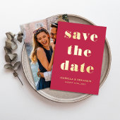マゼンモダンタ色の写真Save The Date Gold Foil 箔招待状