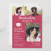 マゼンモダンタ色ブラシストローク3枚の写真の卒業 招待状 (正面)