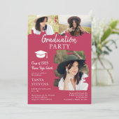 マゼンモダンタ色ブラシストローク3枚の写真の卒業 招待状 (スタンド正面)