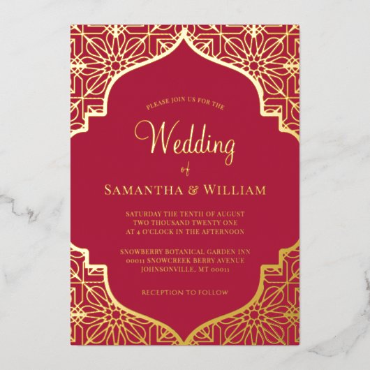 マゼンモダンタ赤金ゴールド結婚箔招待状 箔招待状 (正面)