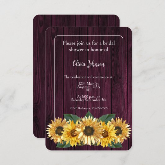 マゼン素朴タヒマワリブライダルシャワー 招待状 (正面/裏面)