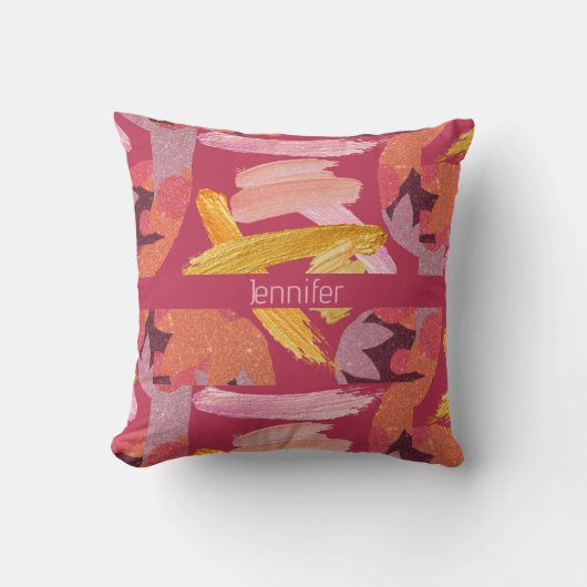 マゼン鮮やかタおよび金ゴールド抽象芸術 クッション (正面)
