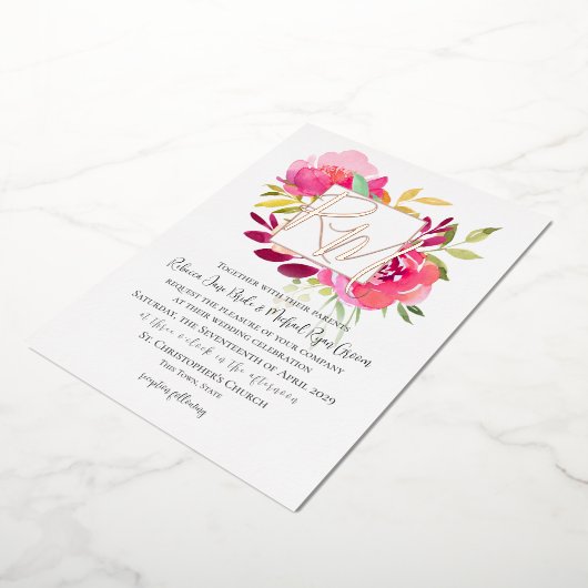 マゼン鮮やかタピンクトロピカルガーデンフローラ 箔招待状 (回転した状態)