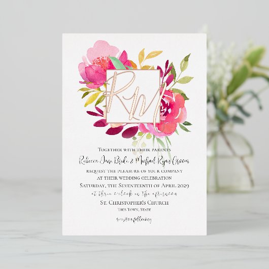 マゼン鮮やかタピンクトロピカルガーデンフローラ 箔招待状 (立ち正面)