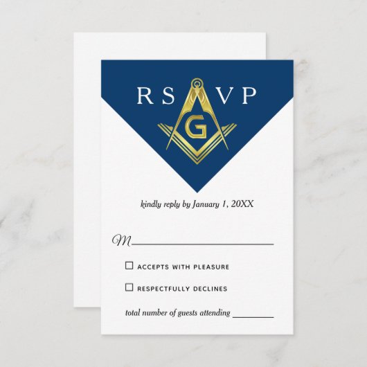 マソニックネイビーブルーと金ゴールドフレーエレガントメーソン 出欠カード (正面/裏面)