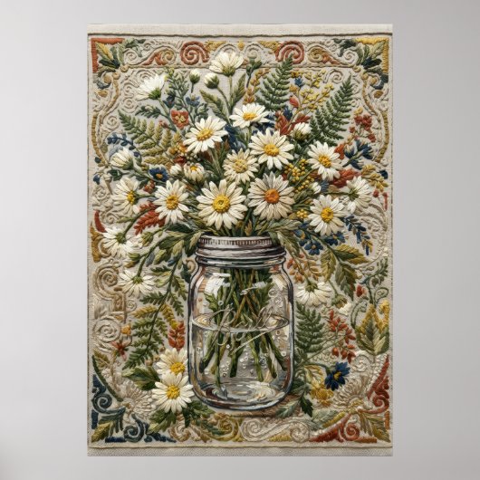 マソンジャー刺繍のデイジーと野の花の花束 ポスター (正面)