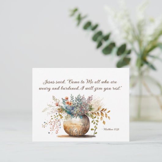 マタイ11:28イエスは私来に、聖書の聖句に言った ポストカード (スタンド正面)