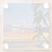 マタイ11:28聖書の詩のヤシの木の夕日 ガラスコースター (裏面)