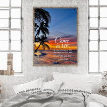 マタイ11:28聖書の詩のヤシの木の夕日