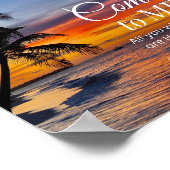 マタイ11:28聖書の詩のヤシの木の夕日 ポスター (角)