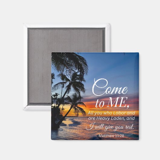 マタイ11:28聖書の詩のヤシの木の夕日 マグネット (正面/裏面)