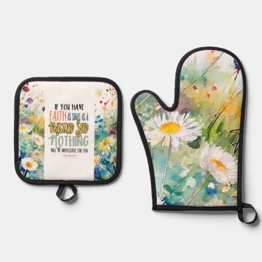 マタイ17:20マスタード種の聖書の聖句としての信仰 鍋つかみ&鍋敷きセット (正面)