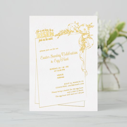 マタイ28:6彼は宗教的な復活祭の卵を復活させた 箔招待状 (立ち正面)