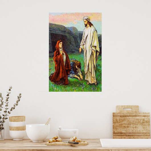 マタイ28:8-10女たちはイエスを生き生きと見る ポスター (キッチン)