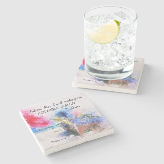 マタイ4:19わたしは人々のバイブルの漁師を作る ストーンコースター (横)