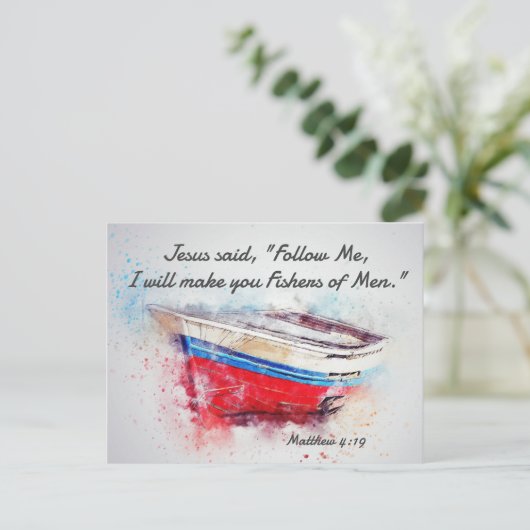 マタイ4:19イエスは私に聖書後を追の聖句を言われた ポストカード (スタンド正面)