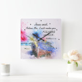 マタイ4:19イエスは言った、「私後を追のバイブルの聖句」 スクエア壁時計 (ホーム)