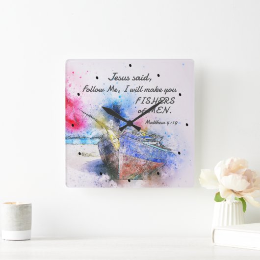 マタイ4:19イエスは言った、「私後を追のバイブルの聖句」 スクエア壁時計 (ホーム)