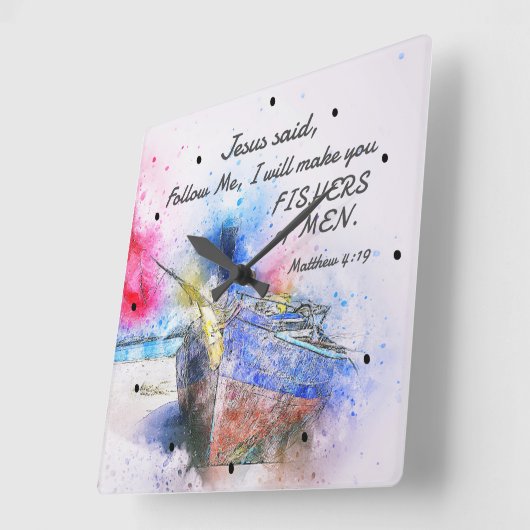 マタイ4:19イエスは言った、「私後を追のバイブルの聖句」 スクエア壁時計 (傾斜)