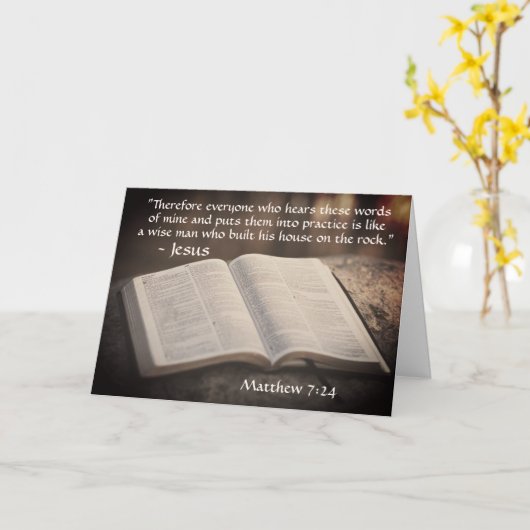 マタイ7:24-25聖書の岩の上に彼の家を建てた カード (黄色い花)