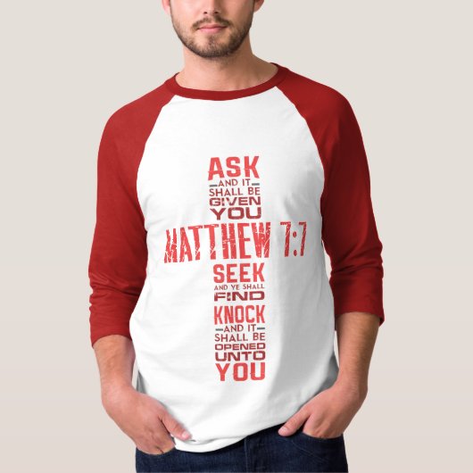 マタイ7:7聖書の聖句クロスの人の3/4袖 Tシャツ (正面)