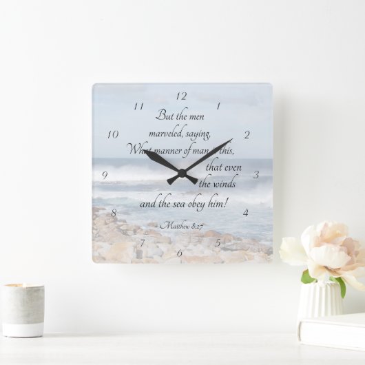 マタイ8:27イエスは嵐を鎮め、聖書の聖句 スクエア壁時計 (ホーム)
