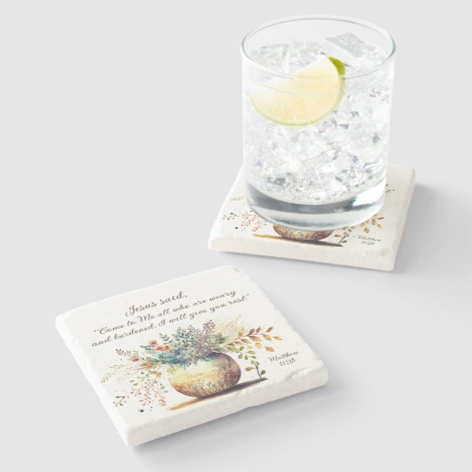 マタイ 11:28 イエスは言った、「私に来なさい」聖書の名言 ストーンコースター (横)