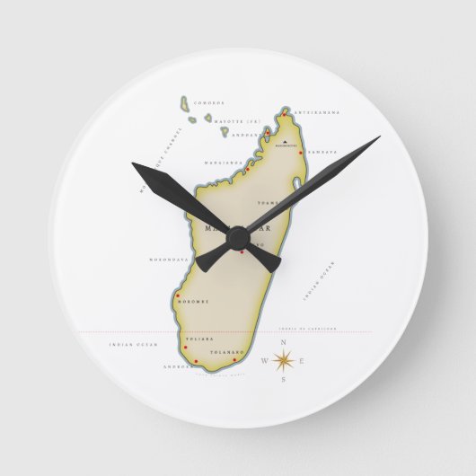 マダガスカル島のイラスト地図 ラウンド壁時計 (正面)