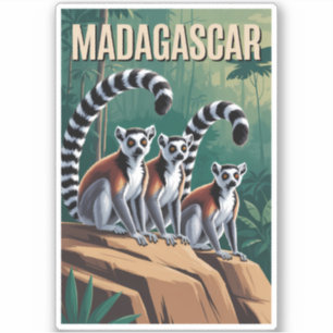 マダガスカル島のワオキツネズミのイラスト 旅行アート ヴィンテージ シール