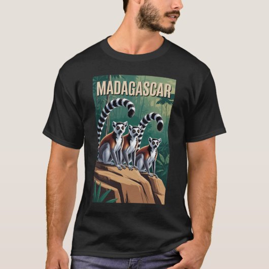 マダガスカル・ワオキツネ絵画 旅行アート ビンテージ Tシャツ (正面)