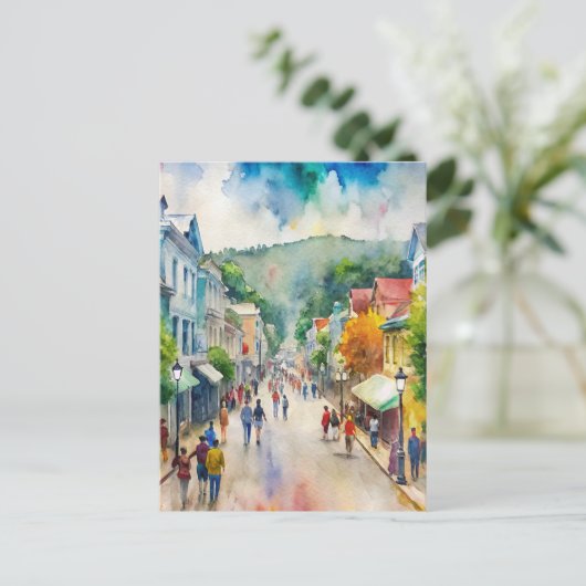 マッキナック忙しアイランド通りウォーター絵画カラー ポストカード (スタンド正面)