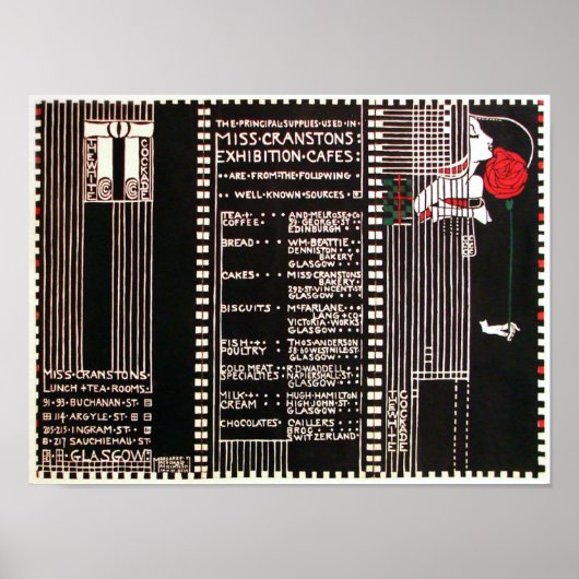 マッキントッシュによるヴィンテージ・グラスゴー・スクール・スタイルのメニュー ポスター (正面)