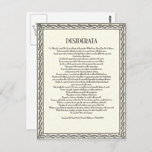 マックス・アーマンのデシデラタ詩 ポストカード (正面/裏面)