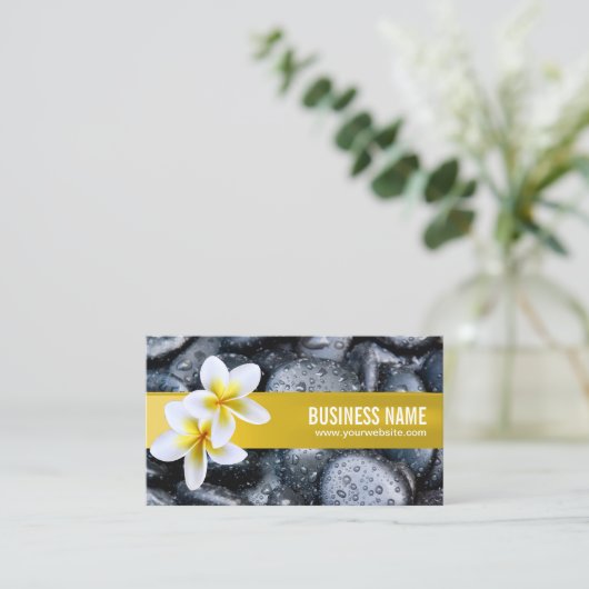 マッサージのサロンのスパの熱帯花の黒い石 名刺 (スタンド正面)