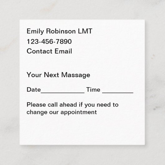 マッサージセラピストゼンアポイントメントカード スクエア名刺 (裏面)
