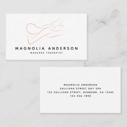 マッサージセラピストバラゴールドフォイルブラシ仕上げメタルBu 名刺 (正面/裏面)