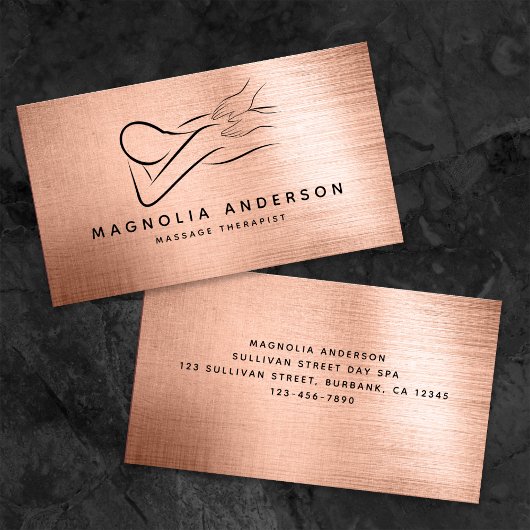 マッサージセラピストバラ金箔ブラシ付きメタル 名刺