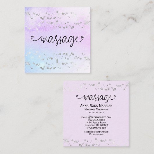 *~*マッサージセラピストパステルレインボーグリッターハート スクエア名刺 (正面/裏面)