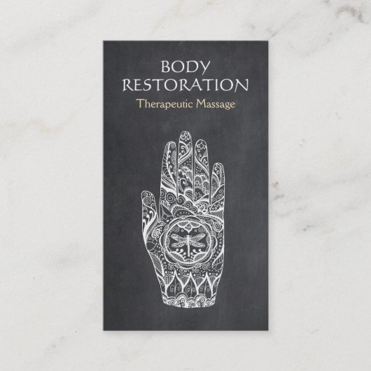 マッサージセラピストロゴヘンナドラゴンフライタトゥーハンド 名刺 (正面)