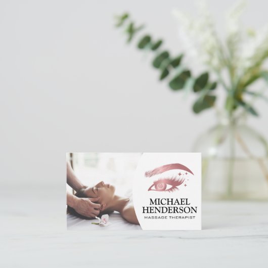 マッサージセラピスト | 化粧品のアイラッシュロゴ 名刺 (スタンド正面)